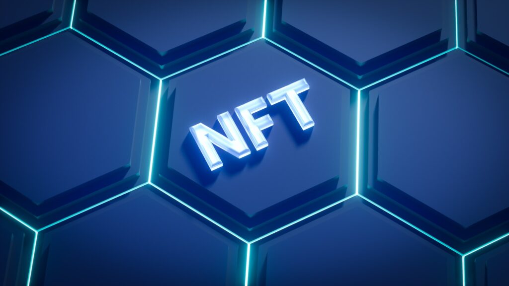 a blue hexagonal background with the word nft on it